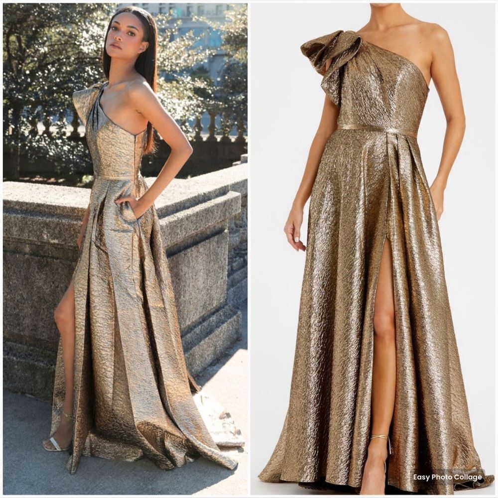 Mac Duggal 67297 Womens Gold One Shoulder Metallic Ballgown Dress